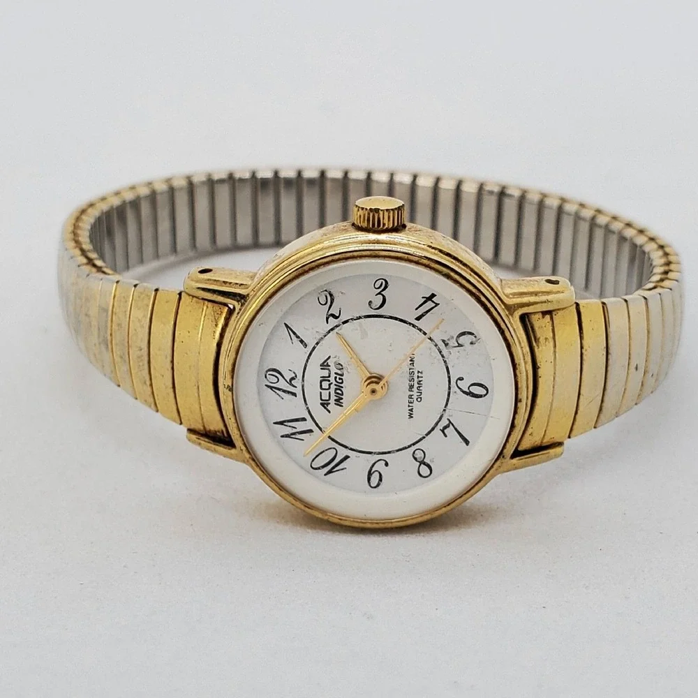 ACQUA Timex 24MM Watch Women White‎ Dial Gold Tone Case Bracelet 6